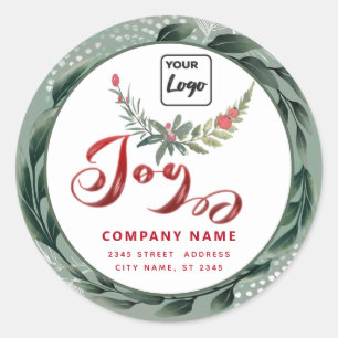 Modern script Joy red holly logo   Classic Round Sticker