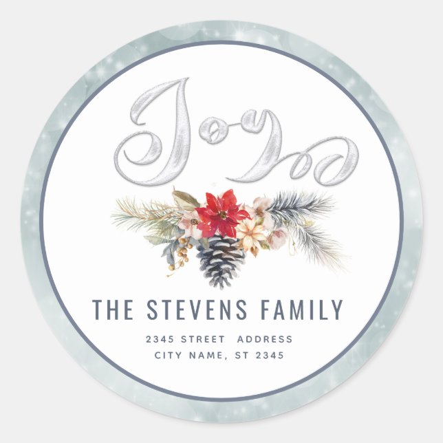 Modern script joy snow pine cone branch   classic round sticker (Front)