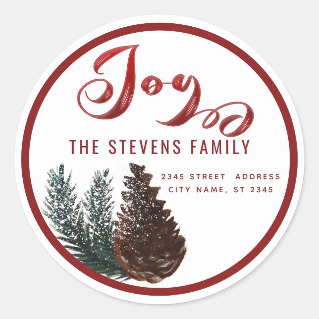 Modern script joy snow pine cone branch  classic round sticker (Front)