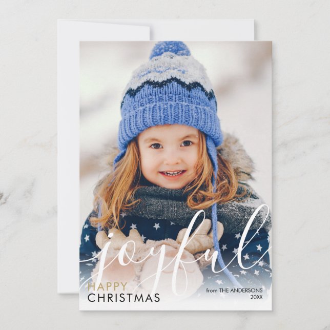 Modern Script Joyful Happy Christmas Photo  Chic Holiday Card (Front)