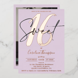 Modern script lavender photo Sweet 16 rose gold