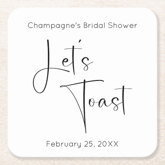 Modern Script Let's Toast Bridal Shower Square Paper Coaster (Front)