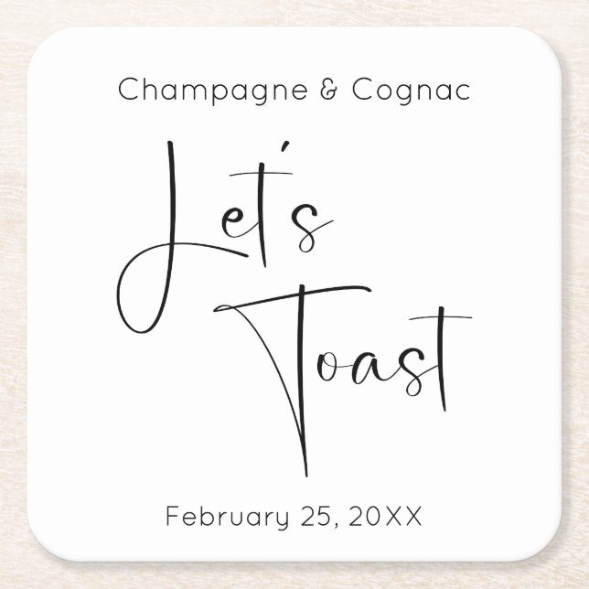Modern Script Let's Toast Wedding Shower Square Paper Coaster (Front)