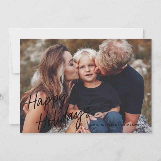 Modern Script Lettering 2 Photo Holiday Card (Front)