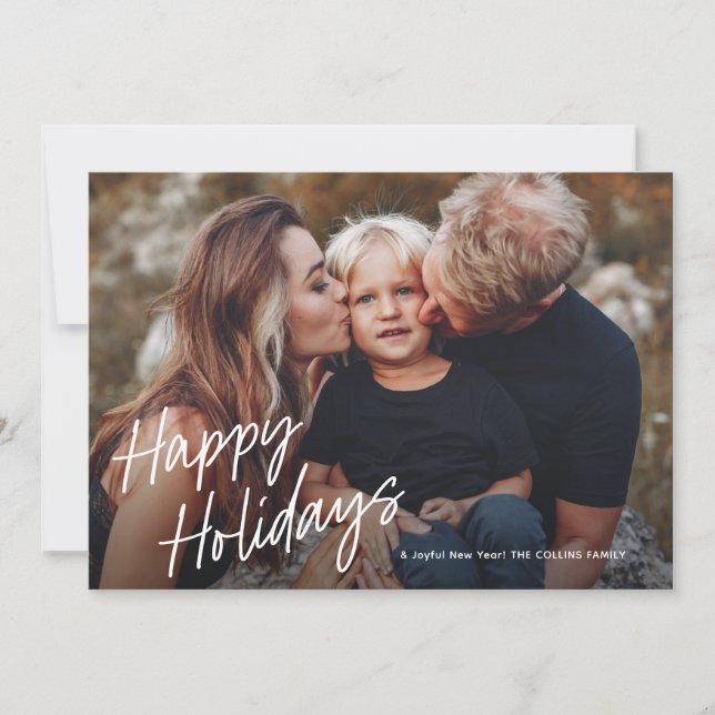 Modern Script Lettering 2 Photo Holiday Card (Front)
