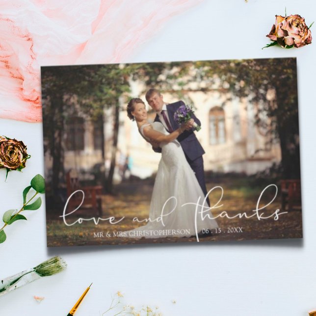 Modern Script LOVE AND THANKS Photo Wedding Thank You Card (Creator Uploaded)