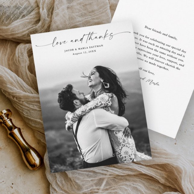 Modern Script Love and Thanks Photo Wedding  Thank You Card (An elegant wedding photo thank you card with script love and thanks typographic black overlay.)