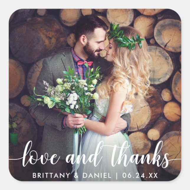 Modern Script Love and Thanks Wedding Couple Square Sticker (Front)