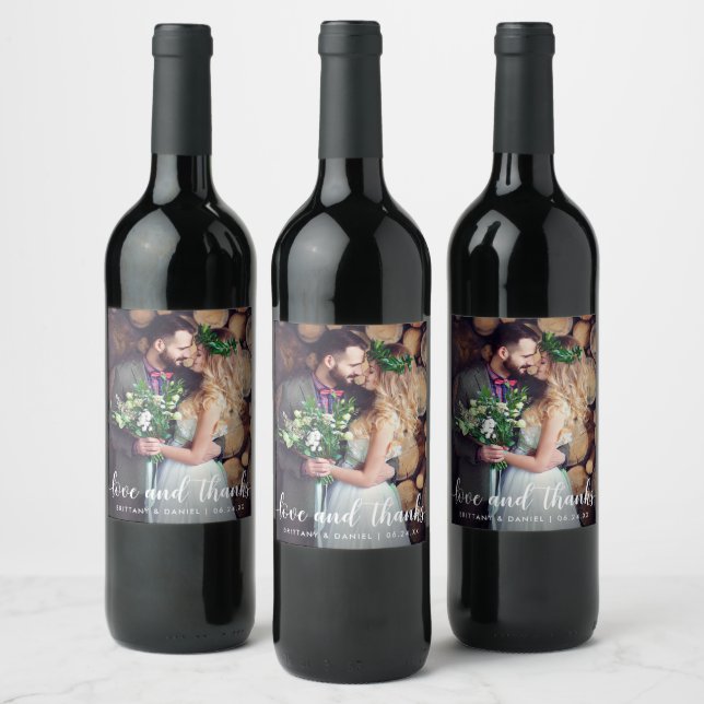 Modern Script Love and Thanks Wedding Couple Wine Label (Bottles)