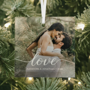 Modern Script Love Couple Photo and year Custom Glass Tree Decoration
