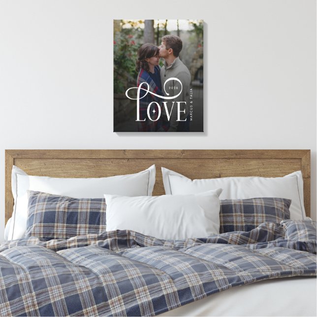 Modern Script Love Custom Engaged Couples Photo Canvas Print (Insitu(Bedroom))