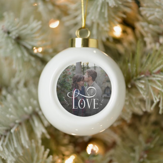 Modern Script Love Custom Engaged Couples Photo Ceramic Ball Christmas Ornament (Tree)