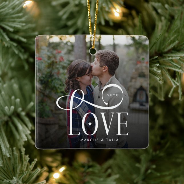 Modern Script Love Custom Engaged Couples Photo Ceramic Ornament (Tree)