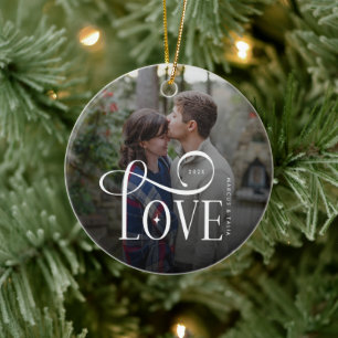 Modern Script Love Custom Engaged Couples Photo Ceramic Tree Decoration