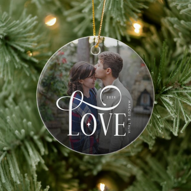 Modern Script Love Custom Engaged Couples Photo Ceramic Tree Decoration (Tree)