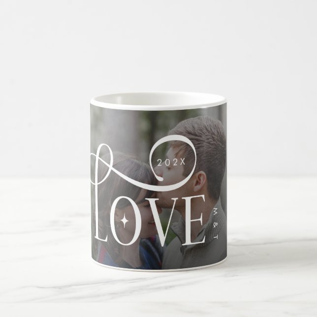 Modern Script Love Custom Engaged Couples Photo Coffee Mug (Center)