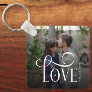 Modern Script Love Custom Engaged Couples Photo Key Ring
