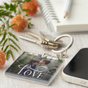 Modern Script Love Custom Engaged Couples Photo Key Ring