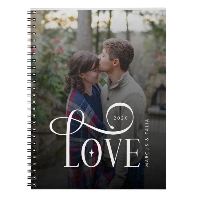 Modern Script Love Custom Engaged Couples Photo Notebook (Front)