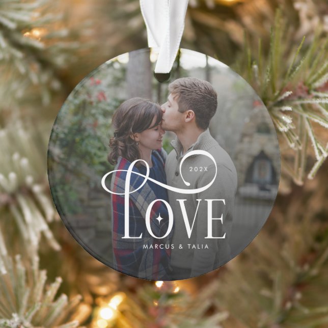Modern Script Love Custom Engaged Couples Photo Ornament (Tree)