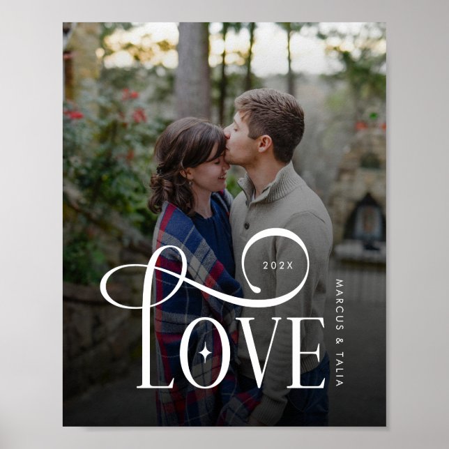 Modern Script Love Custom Engaged Couples Photo Poster (Front)