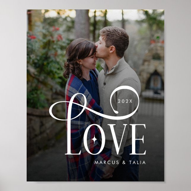 Modern Script Love Custom Engaged Couples Photo Poster (Front)