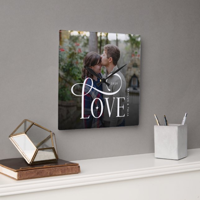 Modern Script Love Custom Engaged Couples Photo Square Wall Clock (Office)