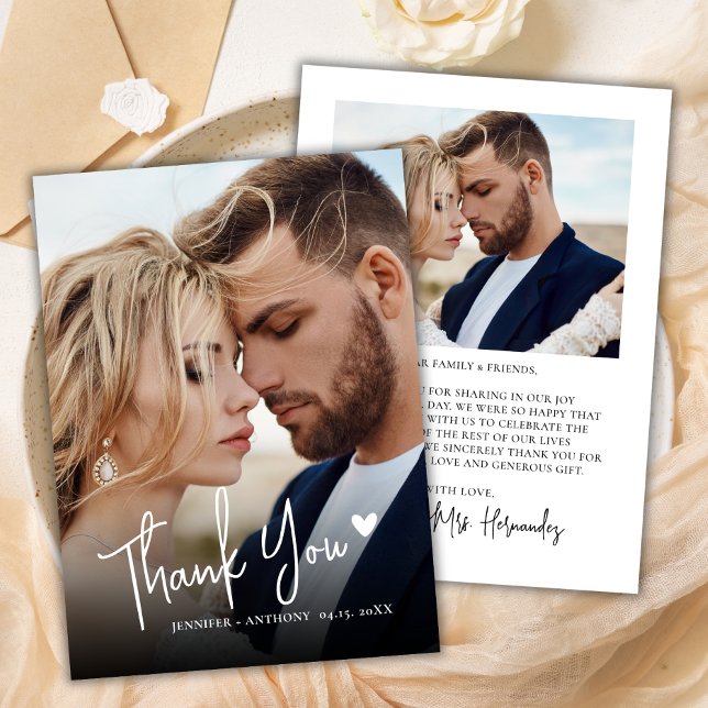 Modern Script Love Heart 2 Photo Wedding Thank You (Creator Uploaded)