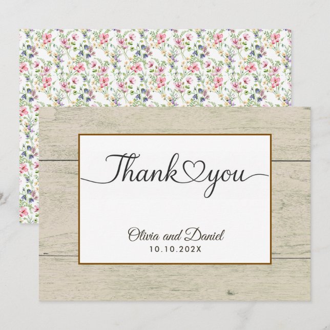 Modern Script Love Heart Wedding Flat Thank You Card (Front/Back)