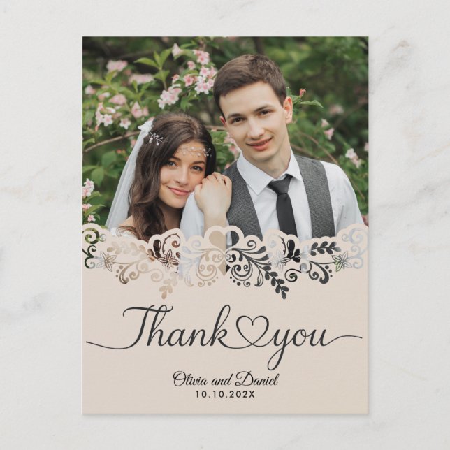 Modern Script Love Heart Wedding Flat Thank You Po Postcard (Front)
