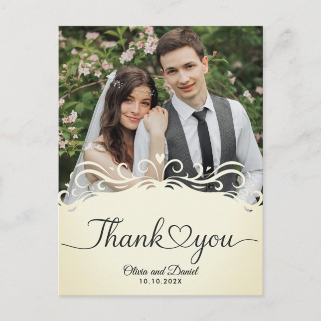 Modern Script Love Heart Wedding Flat Thank You Postcard (Front)