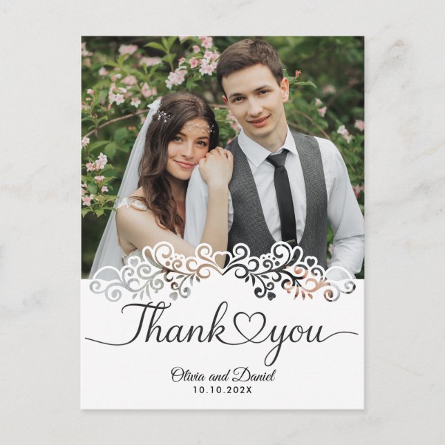 Modern Script Love Heart Wedding Flat Thank You Postcard (Front)