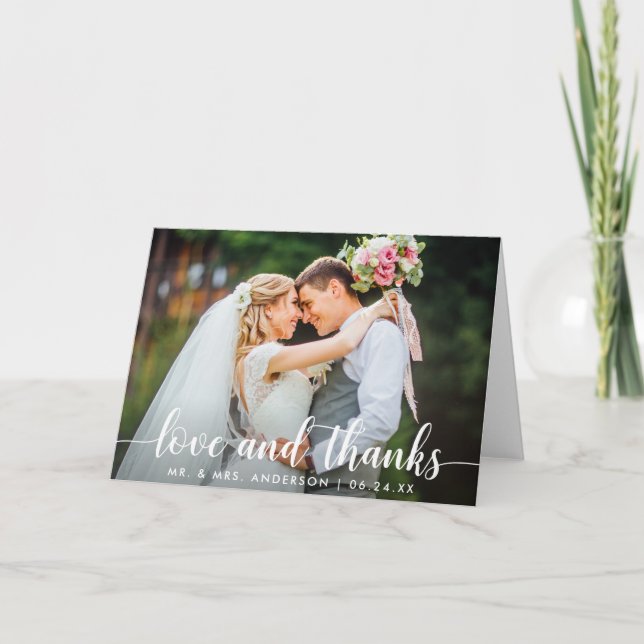 Modern Script Love Thanks Wedding Couple Fold Thank You Card (Front)