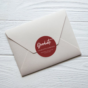 Modern Script Maroon White Graduation Classic Round Sticker