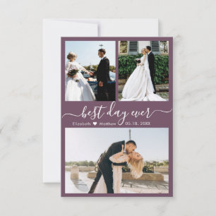 Modern Script Mauve 3 Photo Collage Wedding Thank You Card