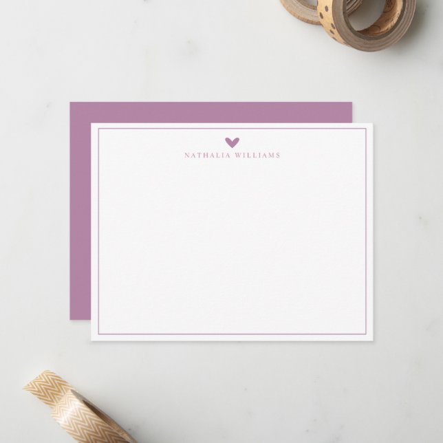 Modern Script Mauve Heart Border Monogram Card (Front/Back In Situ)