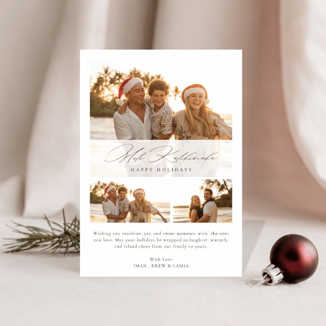 Modern Script Mele Kalikimaka Tropical 3 Photo Holiday Card (Creator Uploaded)