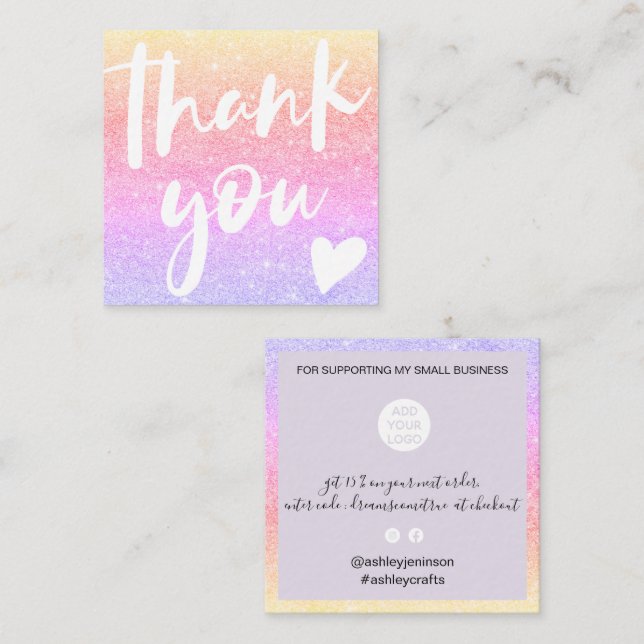 Modern script mermaid glitter gold thank you square business card (Front/Back)