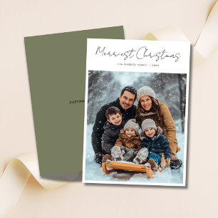 Modern Script Merriest Christmas Olive Green Photo Holiday Card