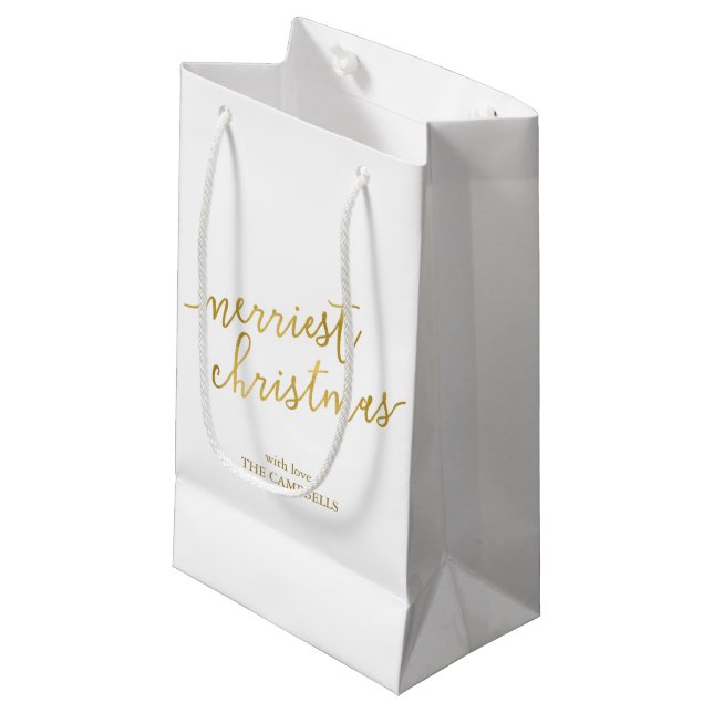 Modern Script "Merriest Christmas" Small Gift Bag (Front Angled)