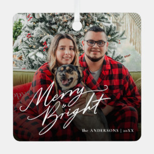 Modern Script Merry and Bright Christmas Photo Metal Tree Decoration