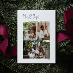 Modern Script Merry & Bright Vertical 3 Photo Holiday Card