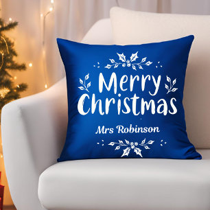 Modern Script Merry Christmas Custom Name Family Cushion