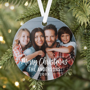 Modern Script Merry Christmas Family Photo Ornament