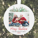 Modern Script Merry Christmas Family Photo Ornament<br><div class="desc">Gift a personalised holiday ornament this season, instead of a traditional card, with your own family photo, wedding picture, or pet photo to create a meaningful keepsake. This ornament features "Merry Christmas" in elegant script, along with your family name and the year. Lush greenery, including evergreen branches and red holly...</div>