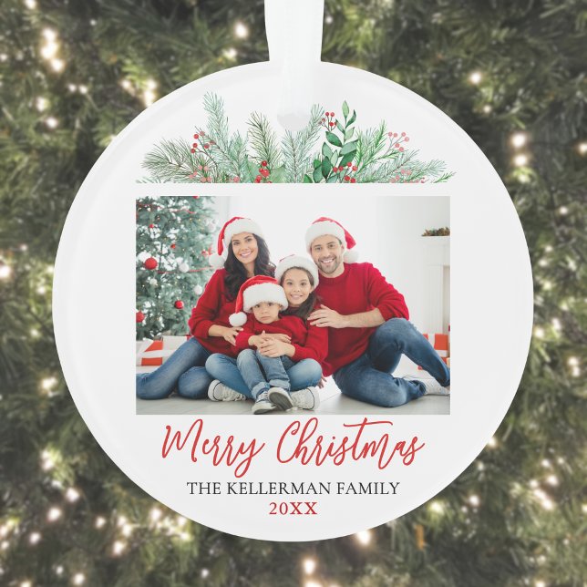 Modern Script Merry Christmas Family Photo Ornament (Modern Script Merry Christmas Family Photo Ornamen Ornament)