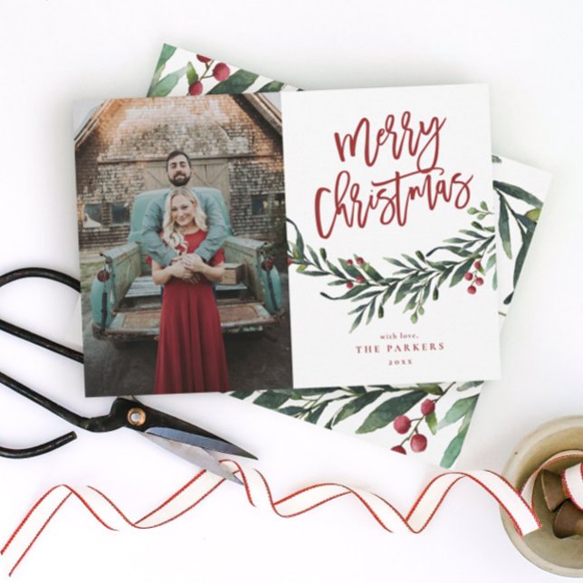 Modern Script Merry Christmas Greenery Photo Holiday Card (Modern Script Merry Christmas Greenery Leaves Photo Holiday Card.)