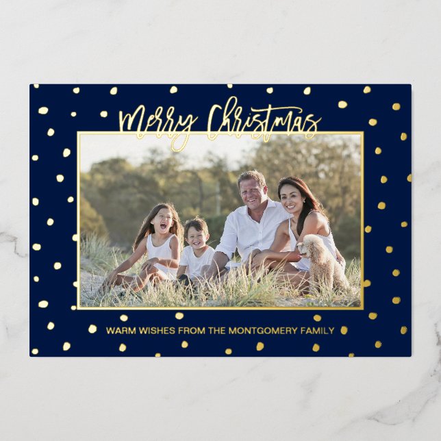 Modern Script Merry Christmas Personalised Photo Foil Holiday Card (Front)