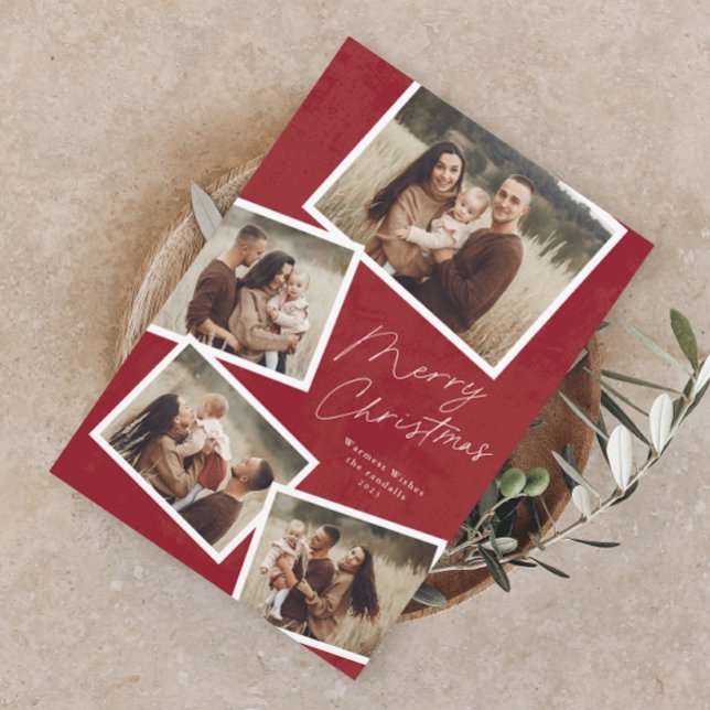 Modern Script Merry Christmas Photo Collage  (Modern Script 4 Photo Collage Christmas Holiday Magnetic Card)