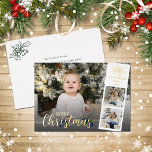 Modern Script Merry Christmas Photo Collage Gold Foil Holiday Card<br><div class="desc">Add your family photos,  name,  and year date to this unique modern Merry Christmas holiday card,  with elegant script overlay printed with real gold foil.</div>